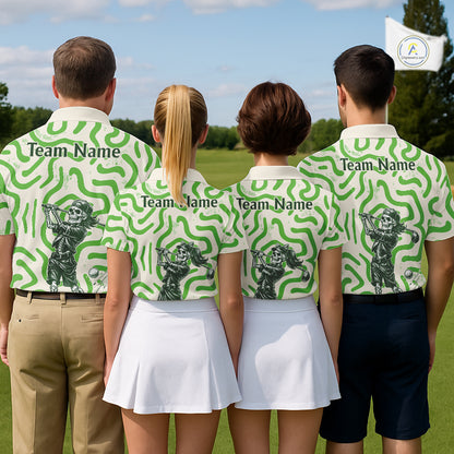Personalized Funny Skeleton Mens Golf Polo Shirt Green Abstract Pattern Custom Golf Shirt For Team Name & Name NHT618