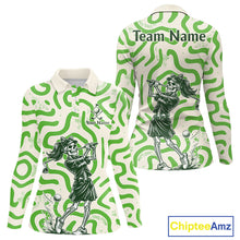 Load image into Gallery viewer, Personalized Funny Skeleton Womens Golf Polo Shirt Green Abstract Pattern Custom Golf Shirt For Team Name &amp; Name NHT618