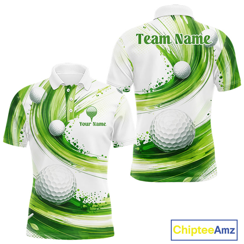 Custom Green Wave Mens Golf Polo Shirt With Ball Design Personalized Team Name & Name Golf Shirt NHT623
