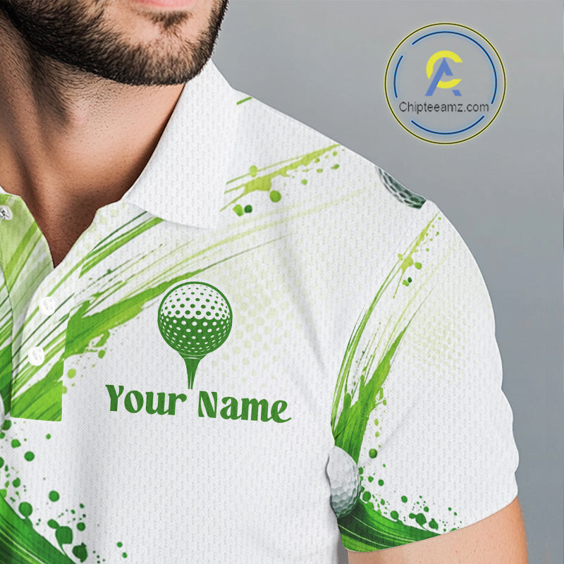 Custom Green Wave Mens Golf Polo Shirt With Ball Design Personalized Team Name & Name Golf Shirt NHT623