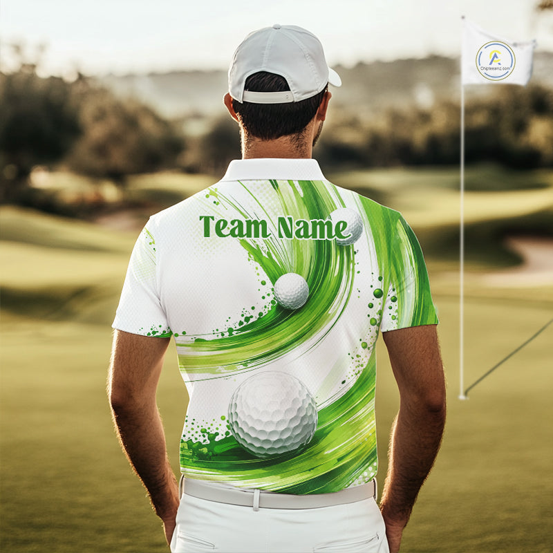 Custom Green Wave Mens Golf Polo Shirt With Ball Design Personalized Team Name & Name Golf Shirt NHT623