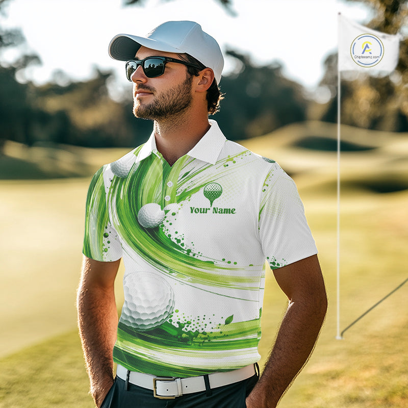Custom Green Wave Mens Golf Polo Shirt With Ball Design Personalized Team Name & Name Golf Shirt NHT623