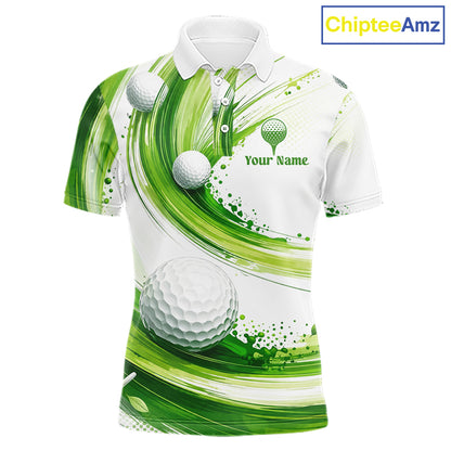 Custom Green Wave Mens Golf Polo Shirt With Ball Design Personalized Team Name & Name Golf Shirt NHT623