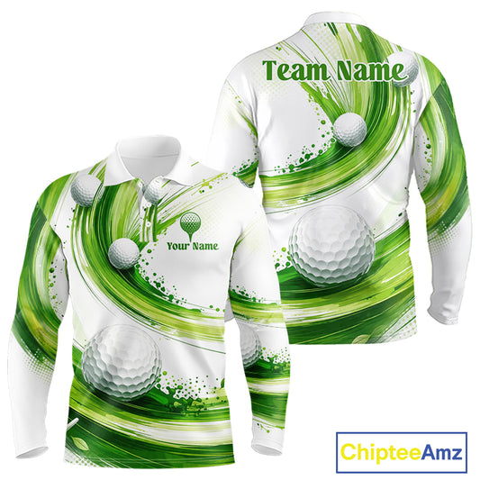 Custom Green Wave Mens Golf Polo Shirt With Ball Design Personalized Team Name & Name Golf Shirt NHT623