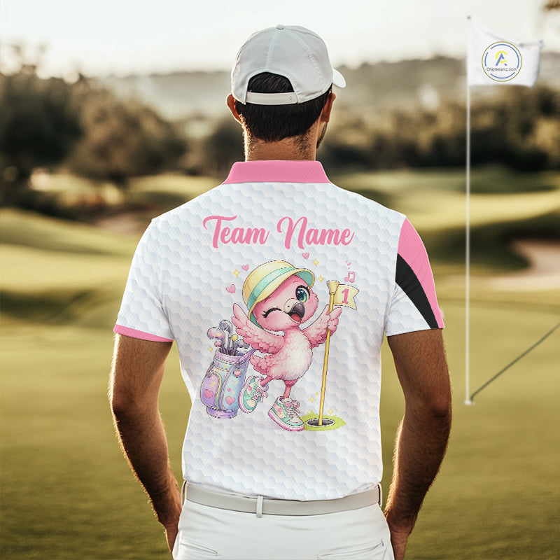 Pink Mens Golf Polo Shirt Pink Flamingos Pattern Custom Name, Funny Flamingo Golf Polo Shirts NHT626