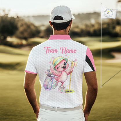 Pink Mens Golf Polo Shirt Pink Flamingos Pattern Custom Name, Funny Flamingo Golf Polo Shirts NHT626