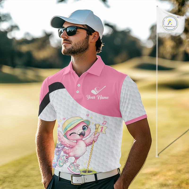 Pink Mens Golf Polo Shirt Pink Flamingos Pattern Custom Name, Funny Flamingo Golf Polo Shirts NHT626