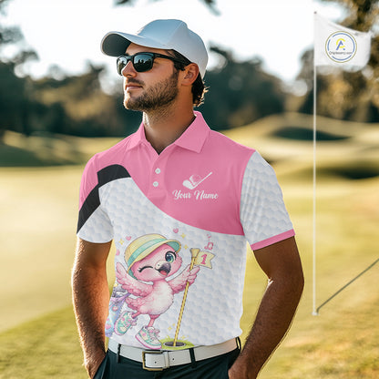 Pink Mens Golf Polo Shirt Pink Flamingos Pattern Custom Name, Funny Flamingo Golf Polo Shirts NHT626