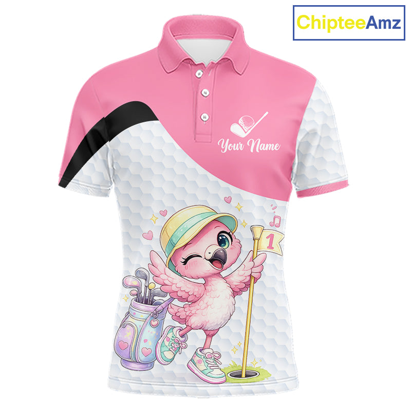 Pink Mens Golf Polo Shirt Pink Flamingos Pattern Custom Name, Funny Flamingo Golf Polo Shirts NHT626
