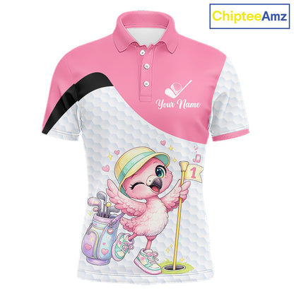 Pink Mens Golf Polo Shirt Pink Flamingos Pattern Custom Name, Funny Flamingo Golf Polo Shirts NHT626