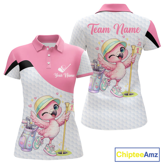 Pink Womens Golf Polo Shirt Pink Flamingos Pattern Custom Name Team Flamingo Golf Polo Shirts NHT626