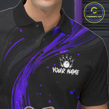 Load image into Gallery viewer, Black polo shirt with purple abstract design and bowling ball logo, personalized with 'Your Name'.