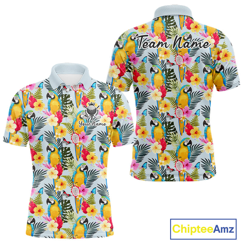 Funny Tropical Parrot Mens Golf Polo Shirt – Custom Name Shirt For Men, Summer Beach Vacation Outfit NHT858
