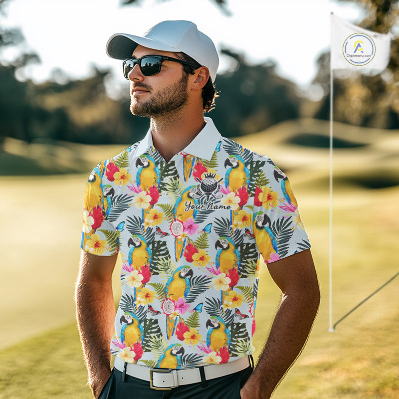 Funny Tropical Parrot Mens Golf Polo Shirt – Custom Name Shirt For Men, Summer Beach Vacation Outfit NHT858