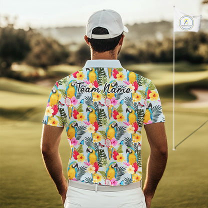 Funny Tropical Parrot Mens Golf Polo Shirt – Custom Name Shirt For Men, Summer Beach Vacation Outfit NHT858