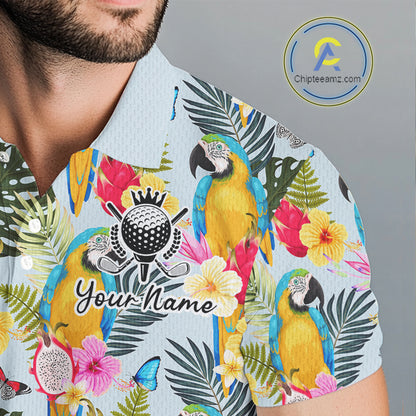 Funny Tropical Parrot Mens Golf Polo Shirt – Custom Name Shirt For Men, Summer Beach Vacation Outfit NHT858