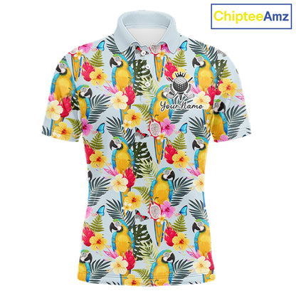 Funny Tropical Parrot Mens Golf Polo Shirt – Custom Name Shirt For Men, Summer Beach Vacation Outfit NHT858