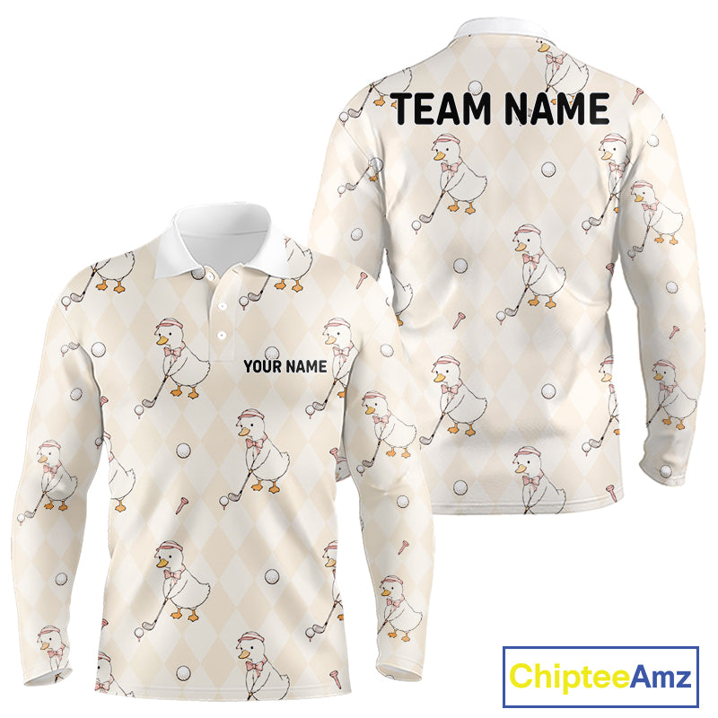Personalized Argyle Funny Duck Pattern Polo Shirt - Custom Golf Team Gift