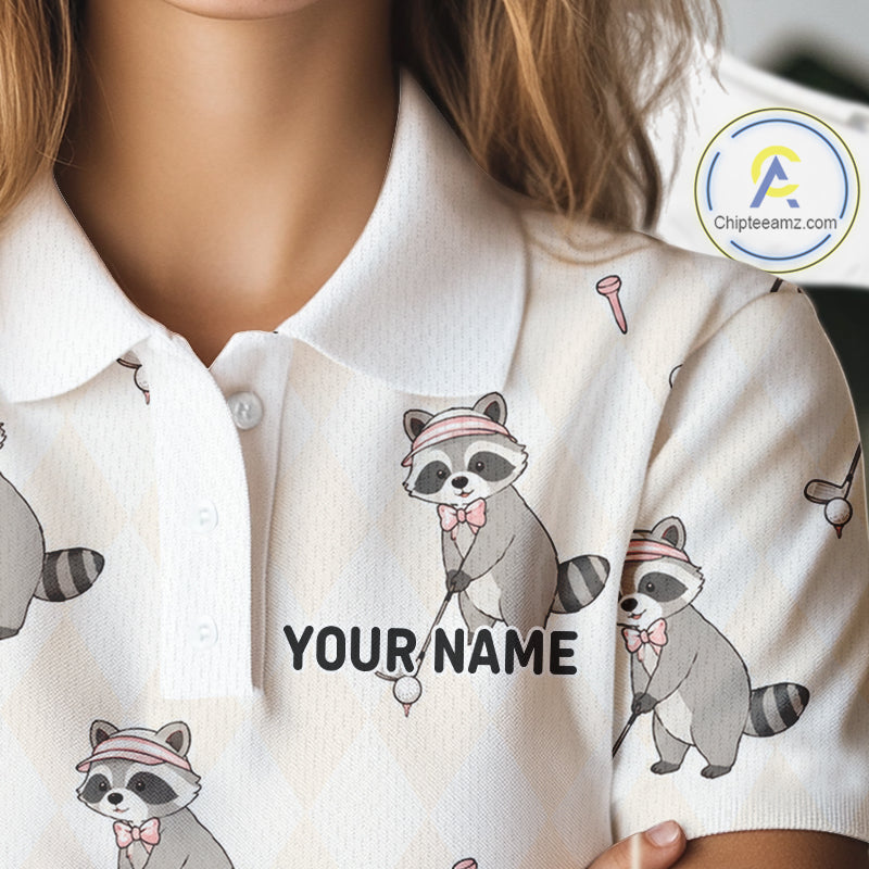 Personalized Funny Argyle Raccoon Pattern Womens Golf Polo Shirt - Custom Golf Team Gift