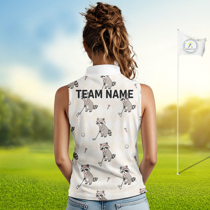 Woman wearing a sleeveless golf shirt with raccoon patterns on a golf course background