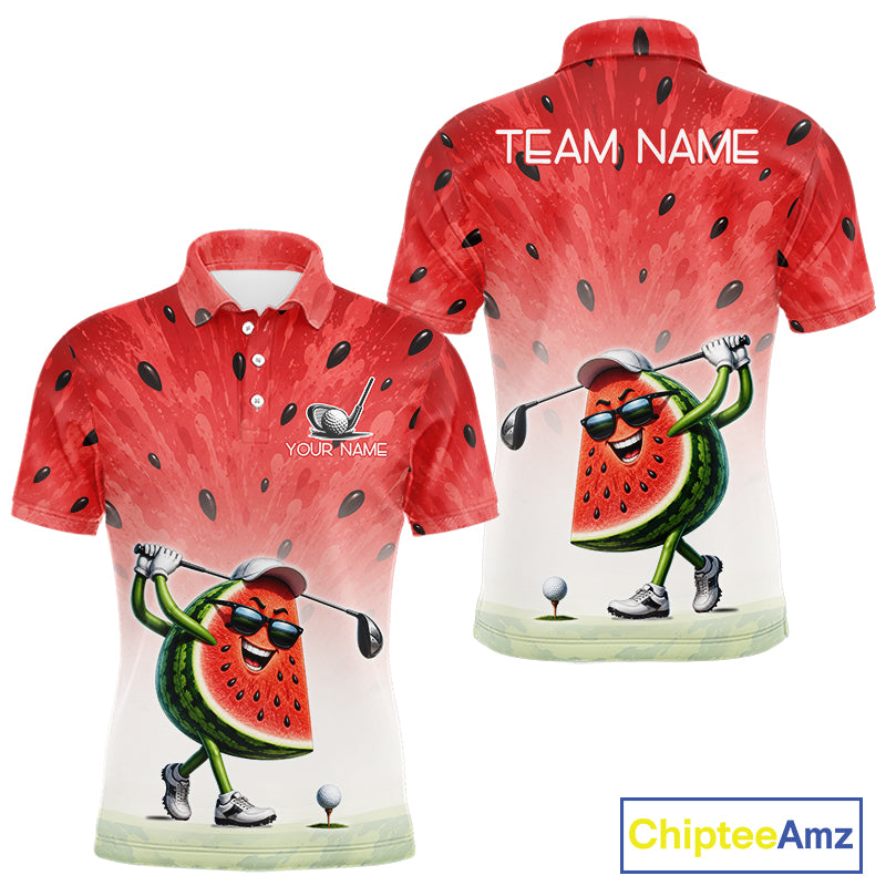 Red polo shirt with watermelon design and golf-themed graphics, featuring 'Chiptee Amz' branding.