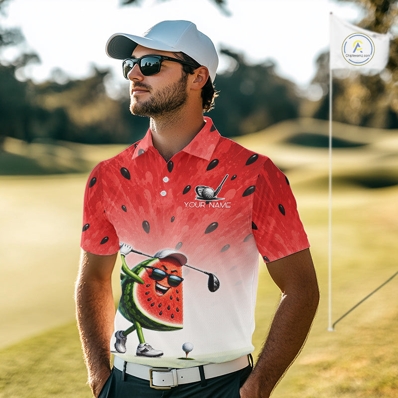 Man wearing a red watermelon-themed golf shirt on a golf course