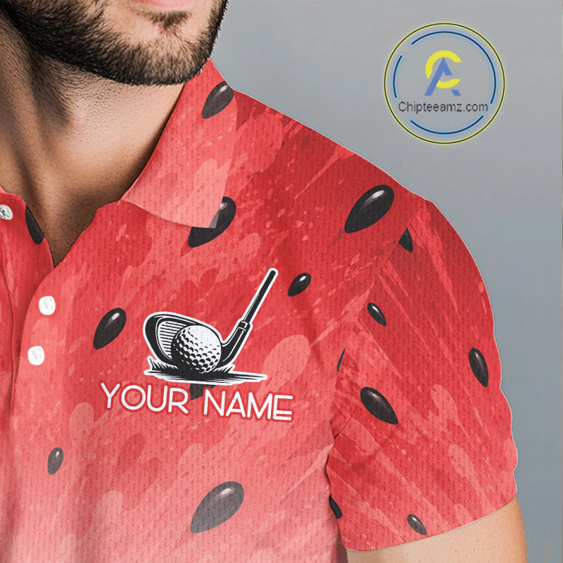 Red shirt with watermelon pattern and golf design, featuring 'Your Name' text, on a gray background.