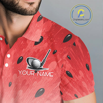Red shirt with watermelon pattern and golf design, featuring 'Your Name' text, on a gray background.