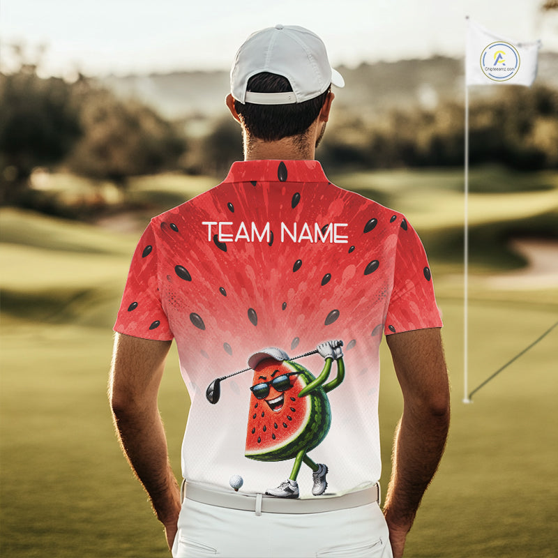 Person wearing a novelty golf shirt with a watermelon design on a golf course