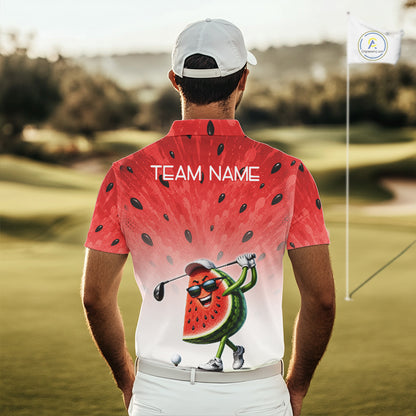 Person wearing a novelty golf shirt with a watermelon design on a golf course