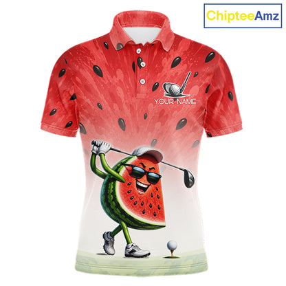 Custom Name Team Name Watermelon Mens Golf Polo Shirt - Funny Cartoon Golf Clothing 