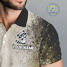 Load image into Gallery viewer, Person wearing a polo shirt with a raccoon logo and 'Your Name' text, brand logo in the corner.