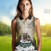 Load image into Gallery viewer, Person wearing a sleeveless polo shirt with a raccoon design on a golf course