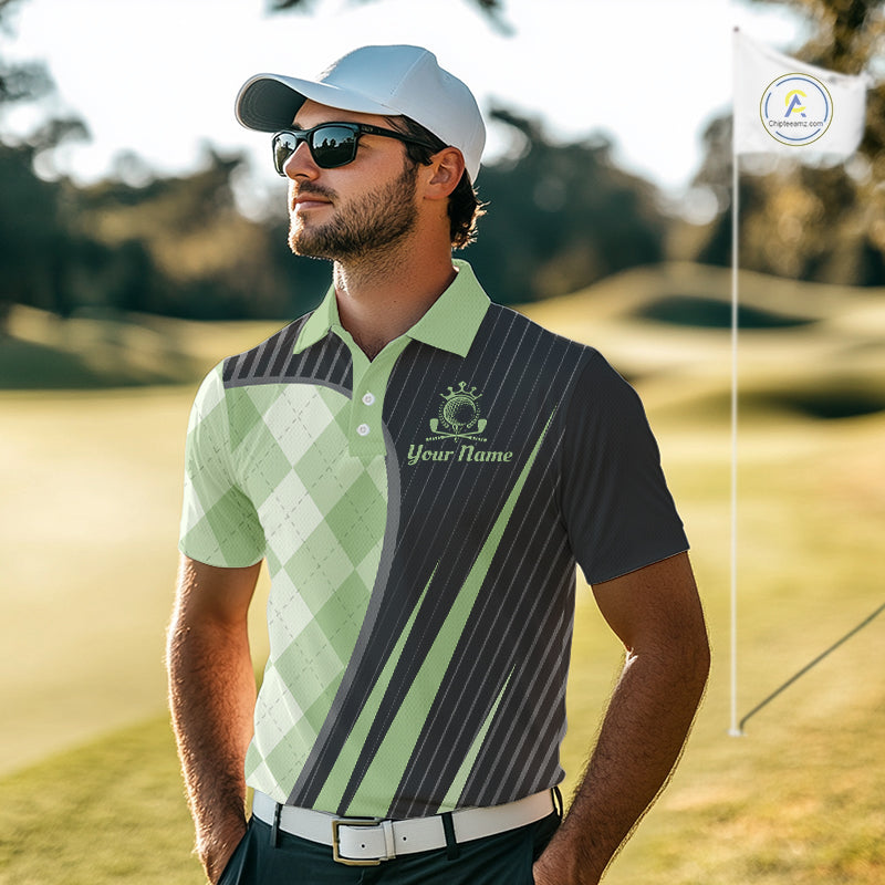 Mens Golf Polo Shirt Green Black Argyle Plaid Golf Pattern Custom,  Mens Shirt Golf Tops NHT667