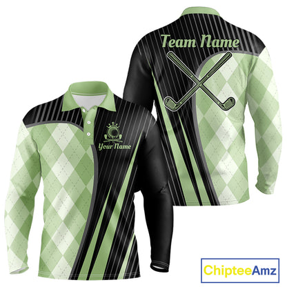 Mens Golf Polo Shirt Green Black Argyle Plaid Golf Pattern Custom,  Mens Shirt Golf Tops NHT667