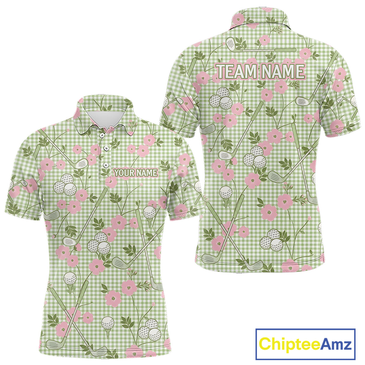 Floral Golf Polo Shirt Personalized Gingham Golf Shirt Custom Name Cute Golf Outfit For Mens Golf Gift NHT688