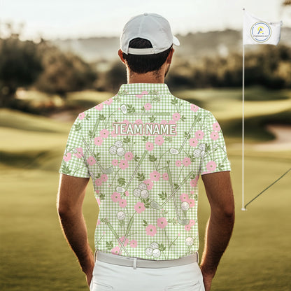 Floral Golf Polo Shirt Personalized Gingham Golf Shirt Custom Name Cute Golf Outfit For Mens Golf Gift NHT688