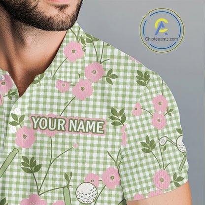 Floral Golf Polo Shirt Personalized Gingham Golf Shirt Custom Name Cute Golf Outfit For Mens Golf Gift NHT688