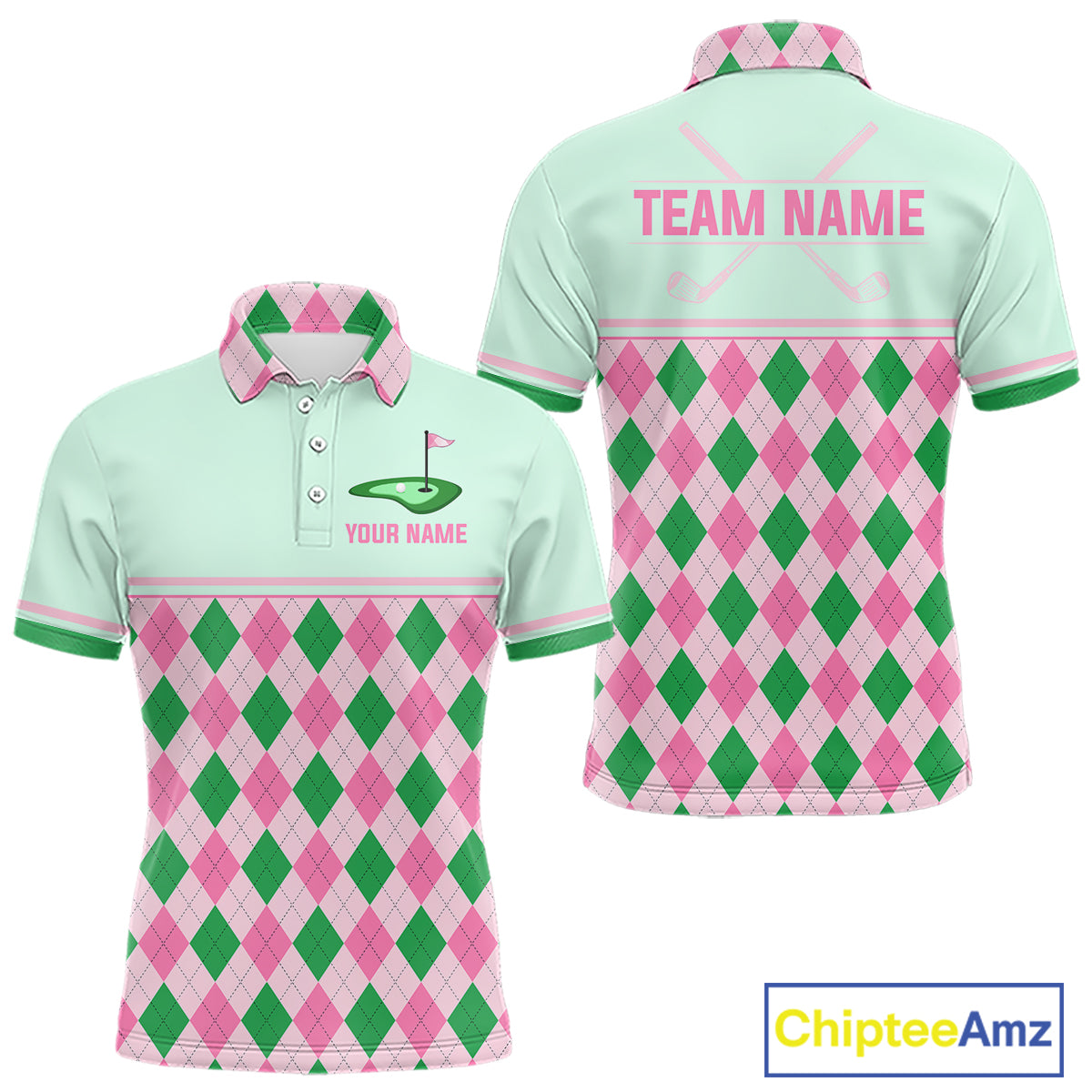 Pink Argyle Golf Polo Shirt Personalized Men Golf Shirt Cute Preppy Golf Outfit Custom Name, Familly Team Shirts NHT691