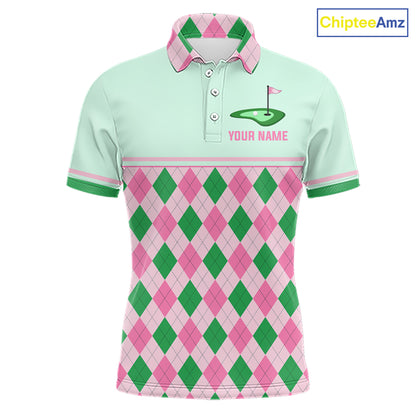 Pink Argyle Golf Polo Shirt Personalized Men Golf Shirt Cute Preppy Golf Outfit Custom Name, Familly Team Shirts NHT691