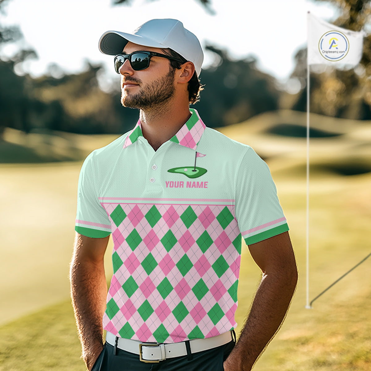 Pink Argyle Golf Polo Shirt Personalized Men Golf Shirt Cute Preppy Golf Outfit Custom Name, Familly Team Shirts NHT691