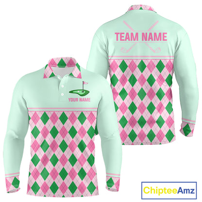 Pink Argyle Golf Polo Shirt Personalized Men Golf Shirt Cute Preppy Golf Outfit Custom Name, Familly Team Shirts NHT691