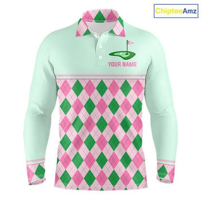 Pink Argyle Golf Polo Shirt Personalized Men Golf Shirt Cute Preppy Golf Outfit Custom Name, Familly Team Shirts NHT691