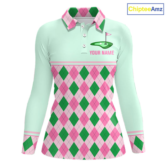 Pink Argyle Golf Polo Shirt Personalized Womens Golf Shirt Cute Preppy Golf Outfit Custom Name, Familly Team Shirts NHT691