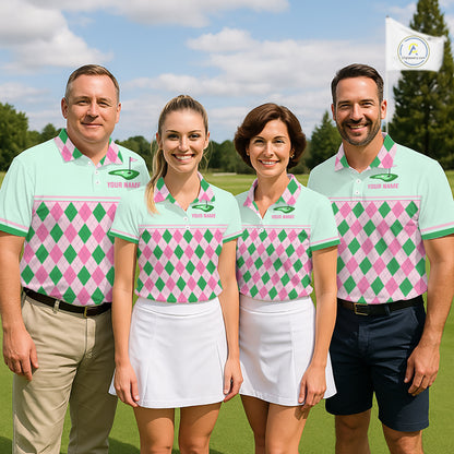 Pink Argyle Golf Polo Shirt Personalized Men Golf Shirt Cute Preppy Golf Outfit Custom Name, Familly Team Shirts NHT691