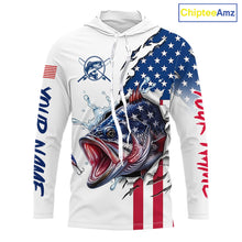 Load image into Gallery viewer, Bass Fishing Shirts Long Sleeve Hooded  With American Flag – USA Patriotic Angler Performance Shirt