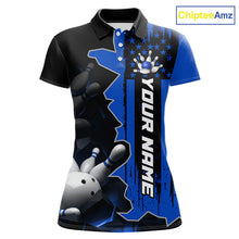 Load image into Gallery viewer, Women's custom bowling tournament polo shirt – personalized team bowling jersey blue front view
