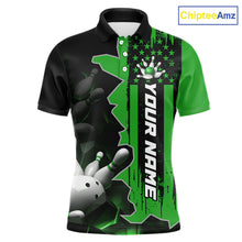 Load image into Gallery viewer, Men's custom bowling tournament polo shirt – personalized team bowling jersey green front view