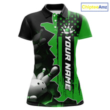 Load image into Gallery viewer, Women's custom bowling tournament polo shirt – personalized team bowling jersey green front view