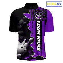 Load image into Gallery viewer, Men's 1/4 zip bowling tournament shirt – personalized team bowling jersey purple front view
